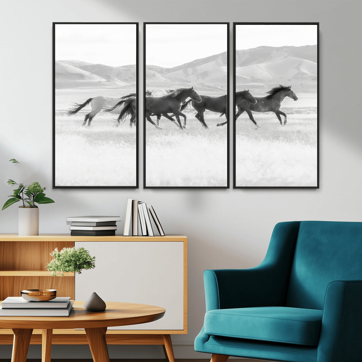 Wild Horses Running Wall Art Canvas Print, Framed Black White Mustangs Artwork