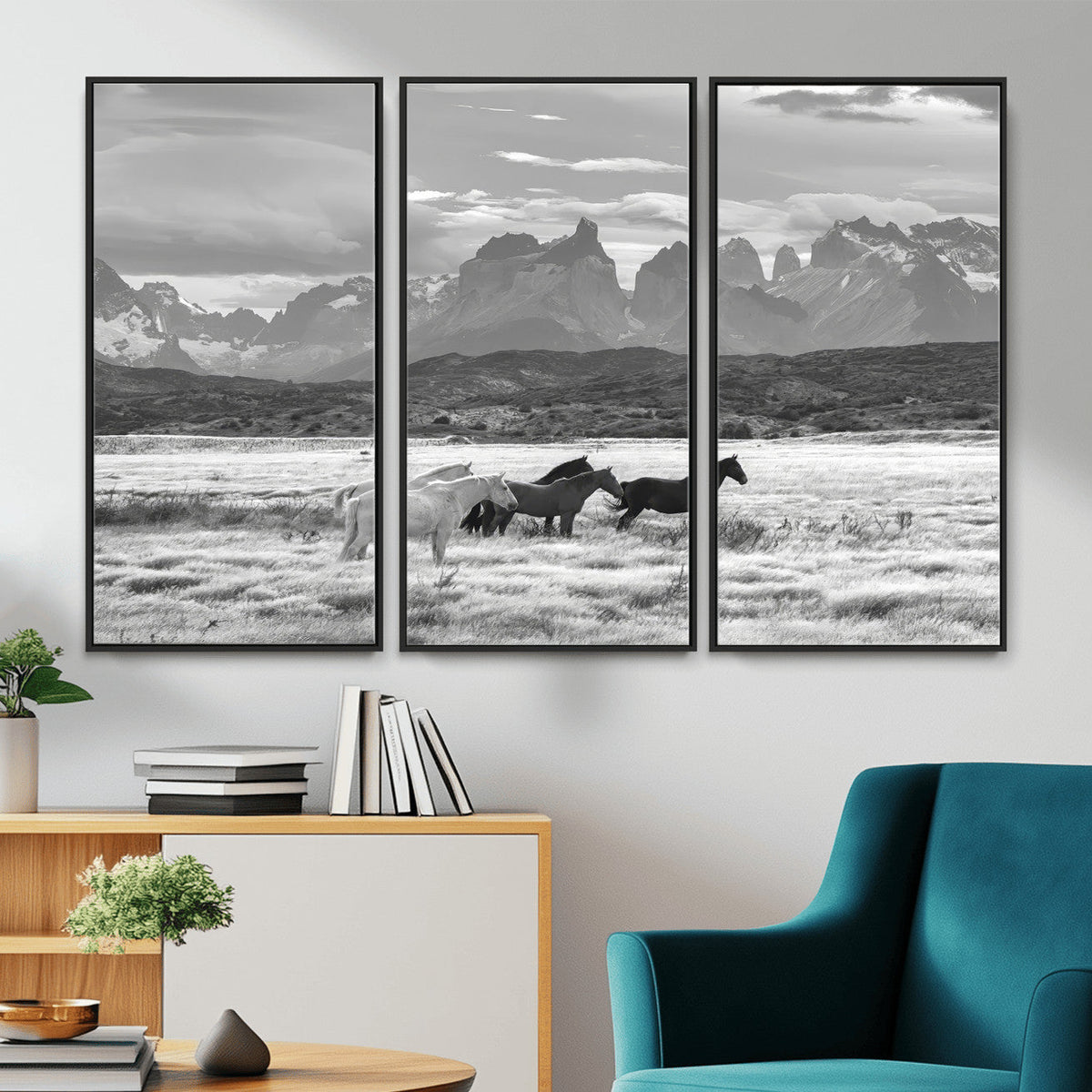 Wild Horses Wall Art | Framed Black White Mountain Canvas