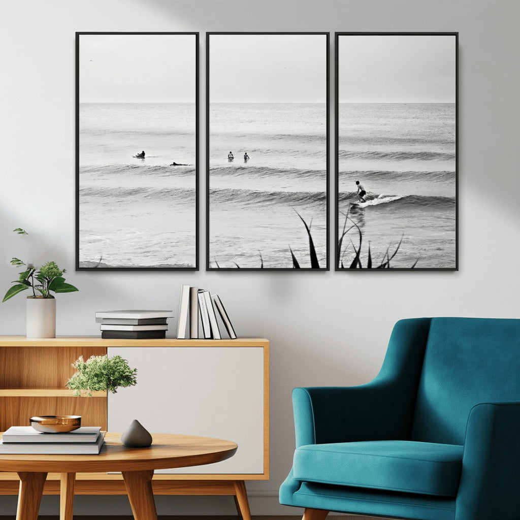 Surfer Silhouette Wall Art | Framed Calm Ocean Canvas