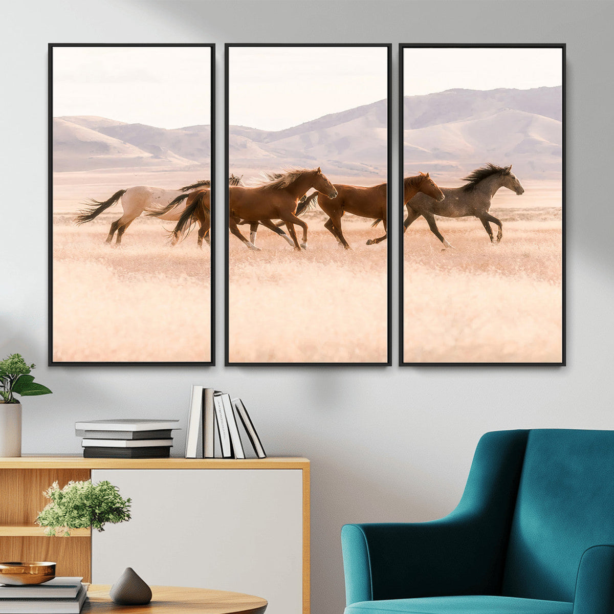 Wild Horse Wall Art Canvas Print, Framed Rustic Western Art, Desert Horse Scene