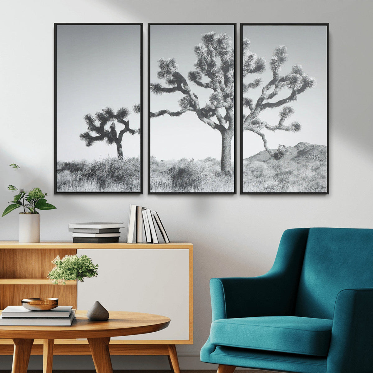 Joshua Tree Wall Art Canvas Print, Framed Black and White Desert Landscape Artwork