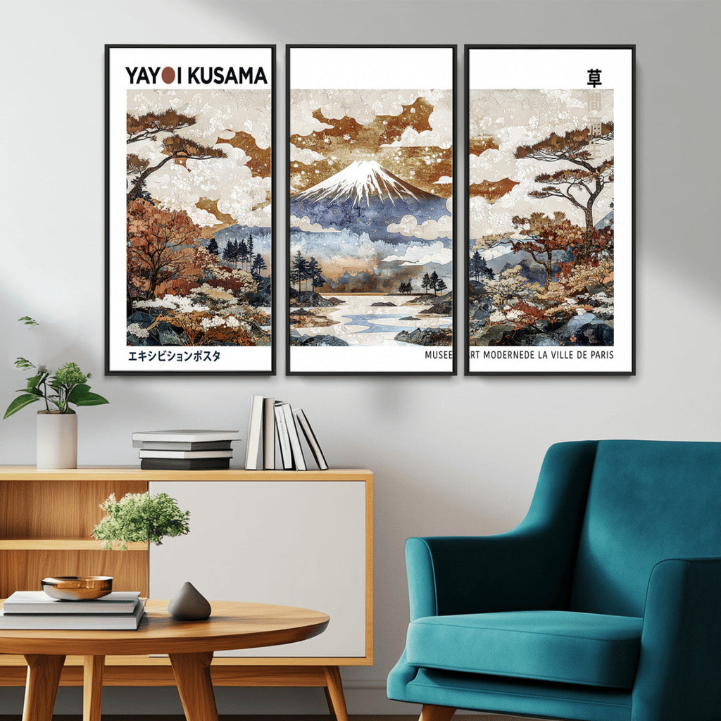 Modern Japanese Mount Fuji Canvas Art Print, Yayoi Kusama Wall Art, Framed Abstract Japanese Landscape