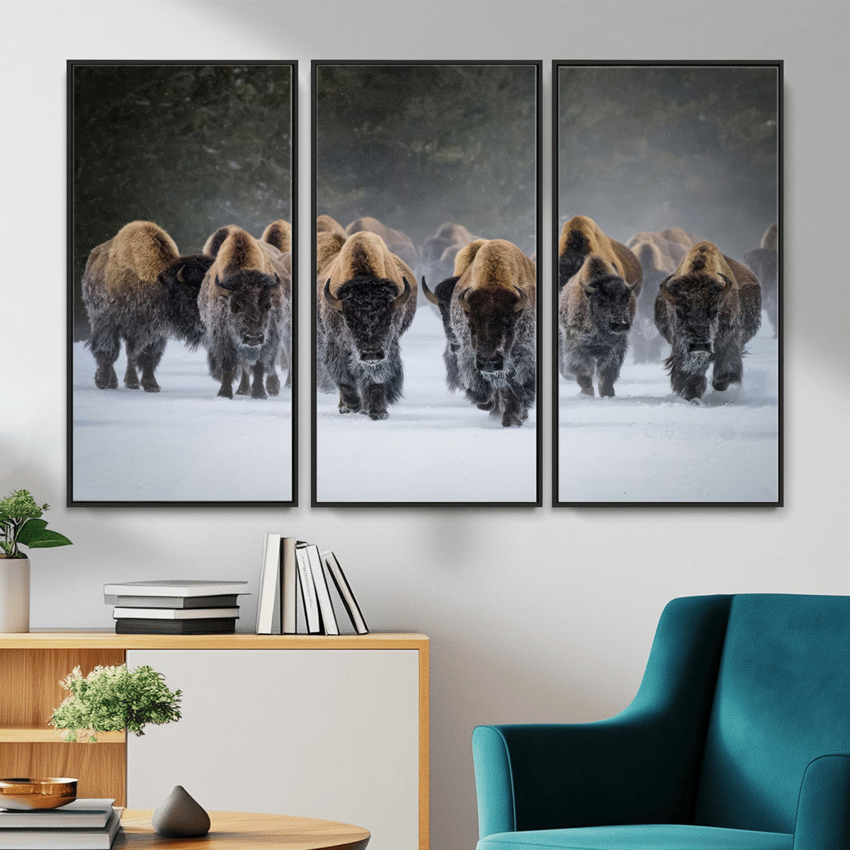 Bison Herd Wall Art Canvas Print, Framed Rustic Wildlife Decor, Snowy Bison Landscape