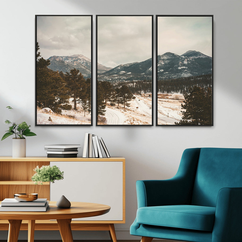 Mountain Landscape Wall Art Canvas Print, Framed Snowy Peaks Alpine Winter