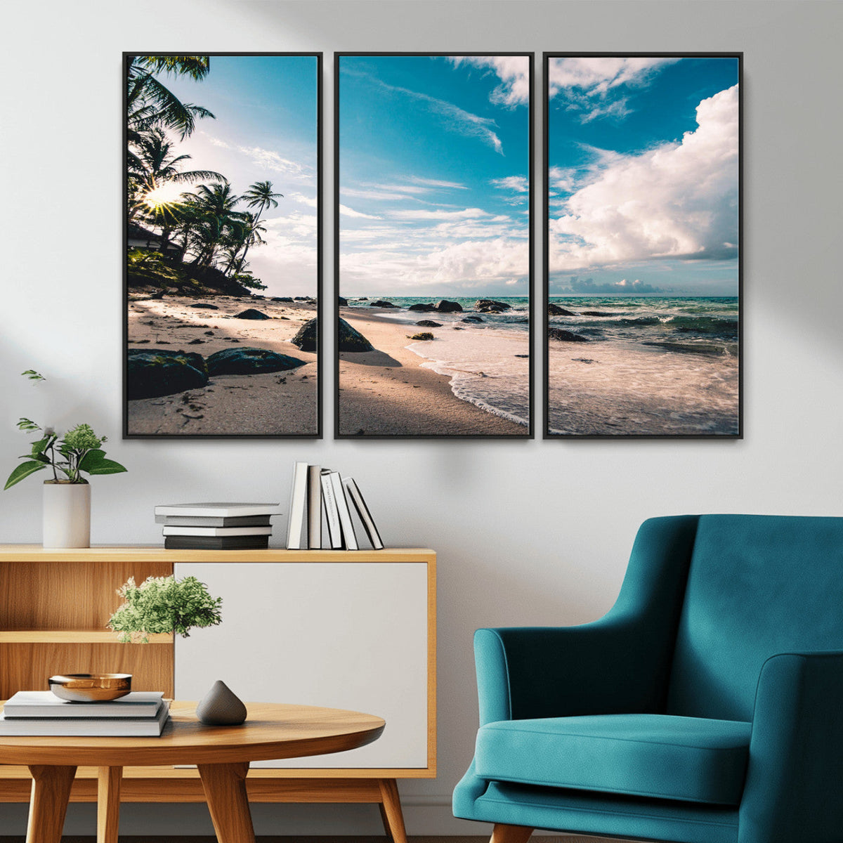 Tropical Beach Wall Art Canvas Print, Framed Ocean Waves Relaxing Seascape