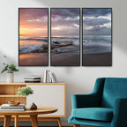 Golden Hour Wall Art Canvas Print, Framed Tranquil Waves Beach Sunset