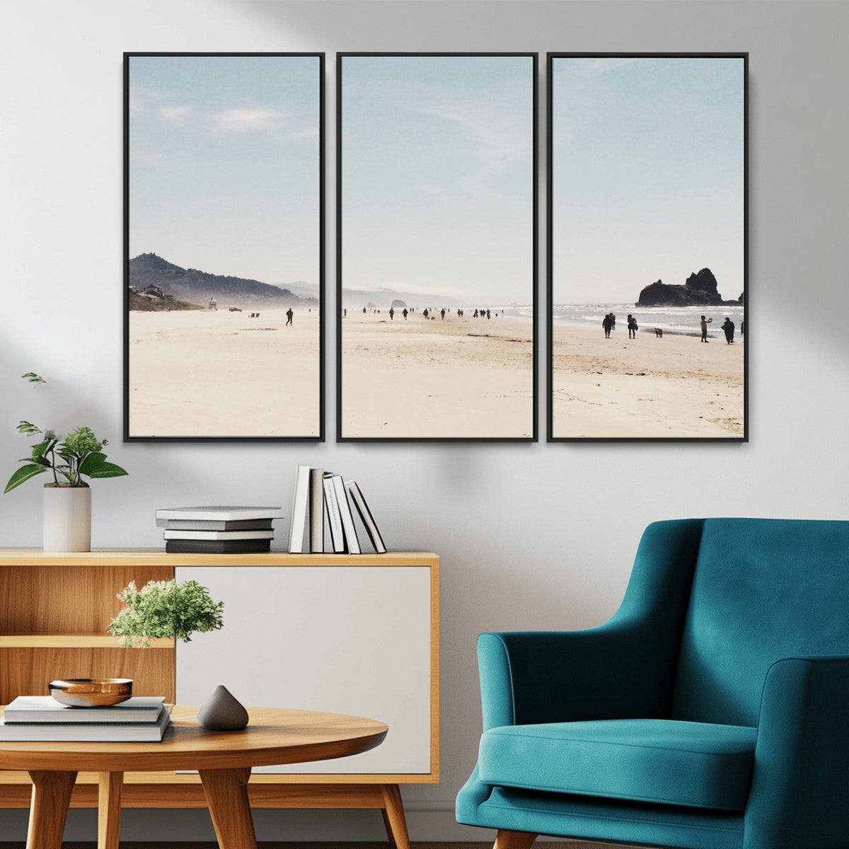 Minimalist Beach Wall Art Canvas Print, Framed Coastal Serenity Soft Sand
