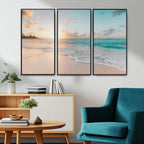 Beach Sunset Wall Art Canvas Print, Framed Ocean Waves Summer Escape