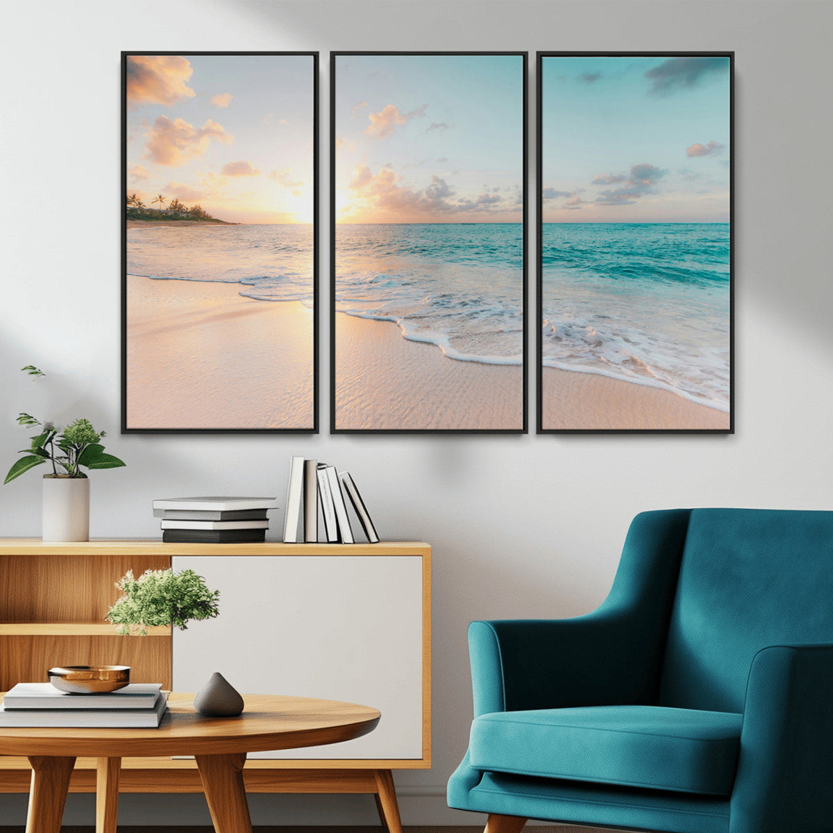 Beach Sunset Wall Art Canvas Print, Framed Ocean Waves Summer Escape