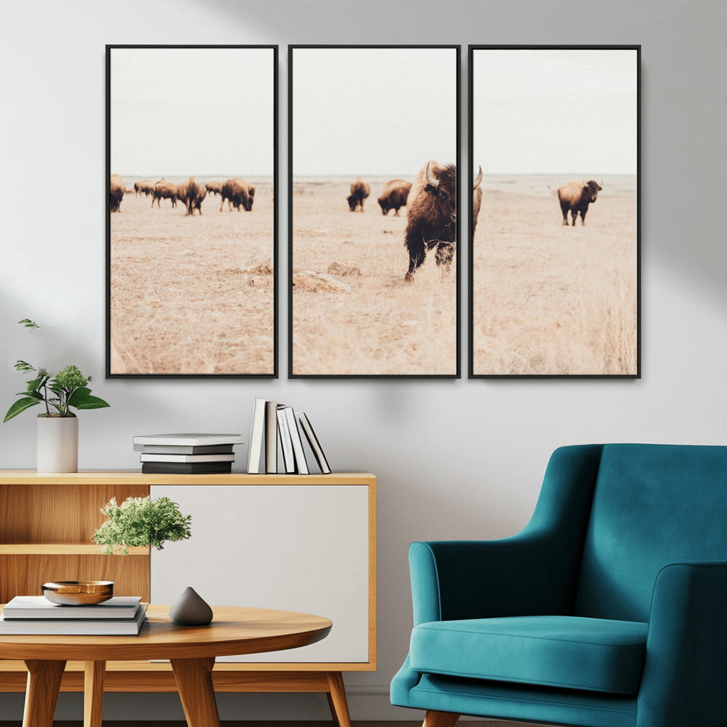 Bison Herd Wall Art Canvas Print, Framed Western Prairie Serenity