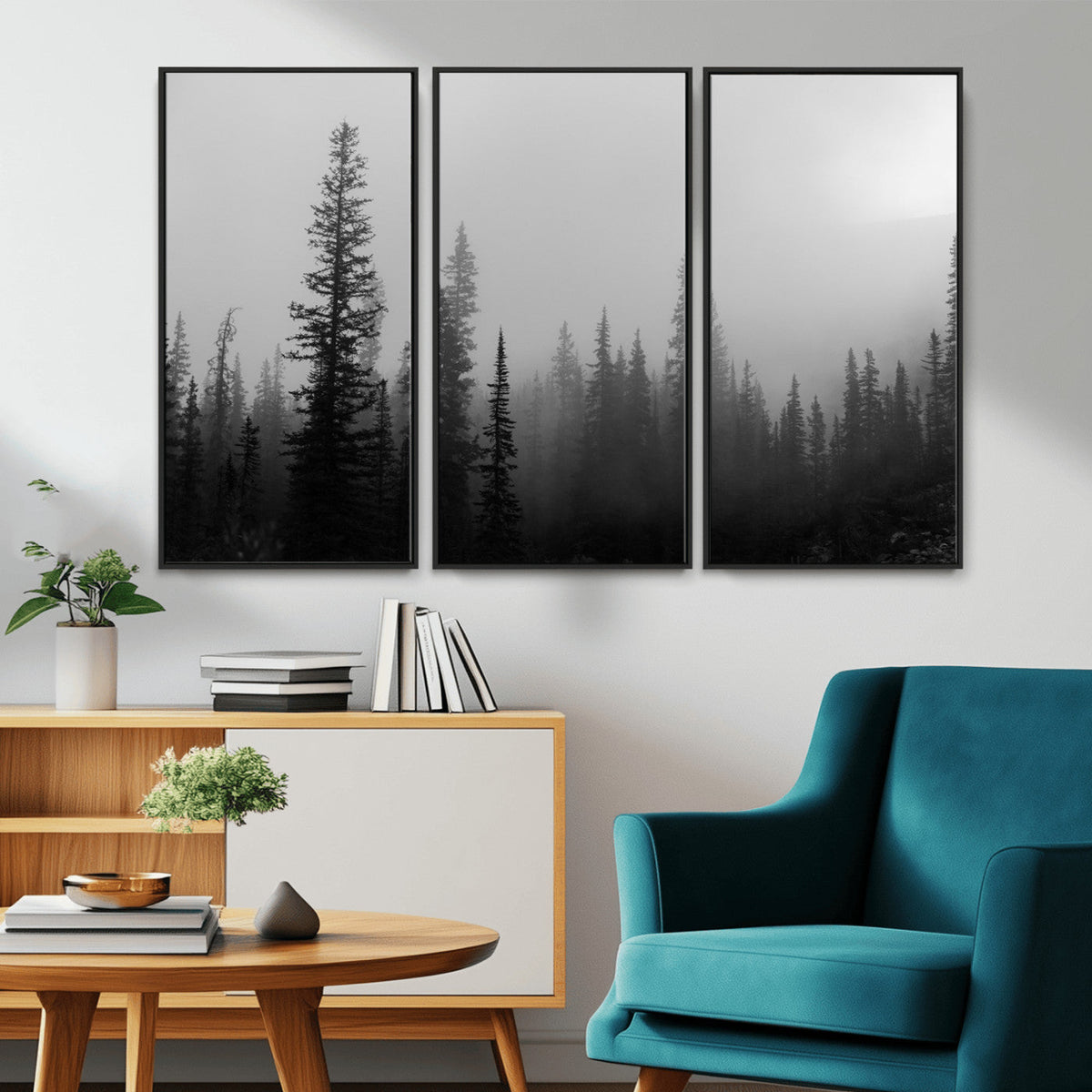 Misty Pines Wall Art Canvas Print, Framed Woodland Minimalist Black and White
