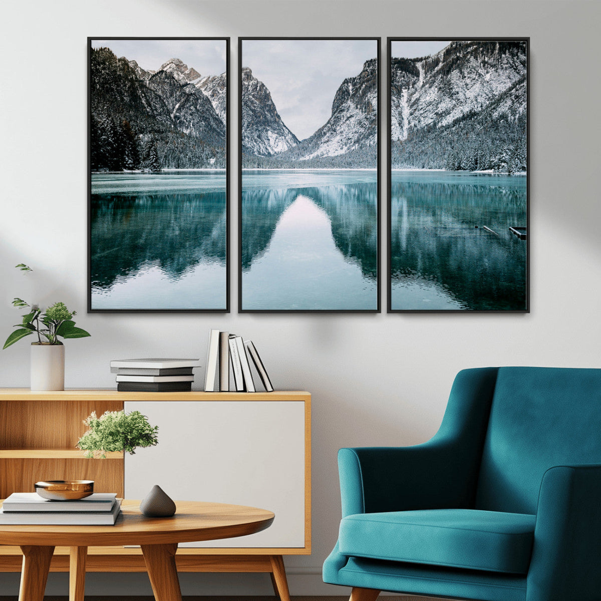 Mountain Lake Wall Art Canvas Print, Framed Toblacher See Winter Wonderland