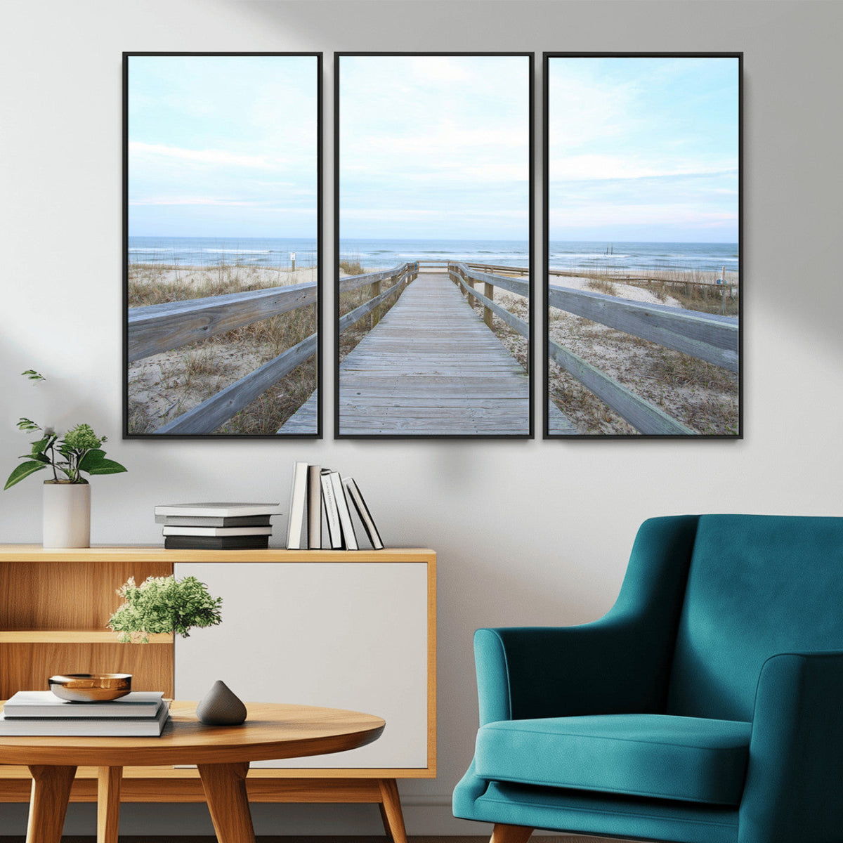 Beach Boardwalk Wall Art Canvas Print, Framed Coastal Serenity Ocean View