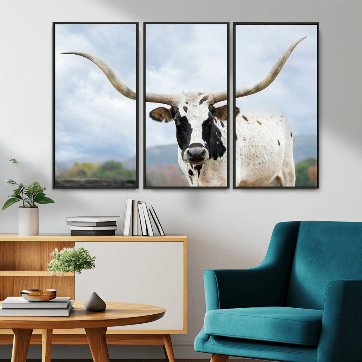 Texas Longhorn Wall Art Canvas Print, Framed Western Rustic Farmhouse