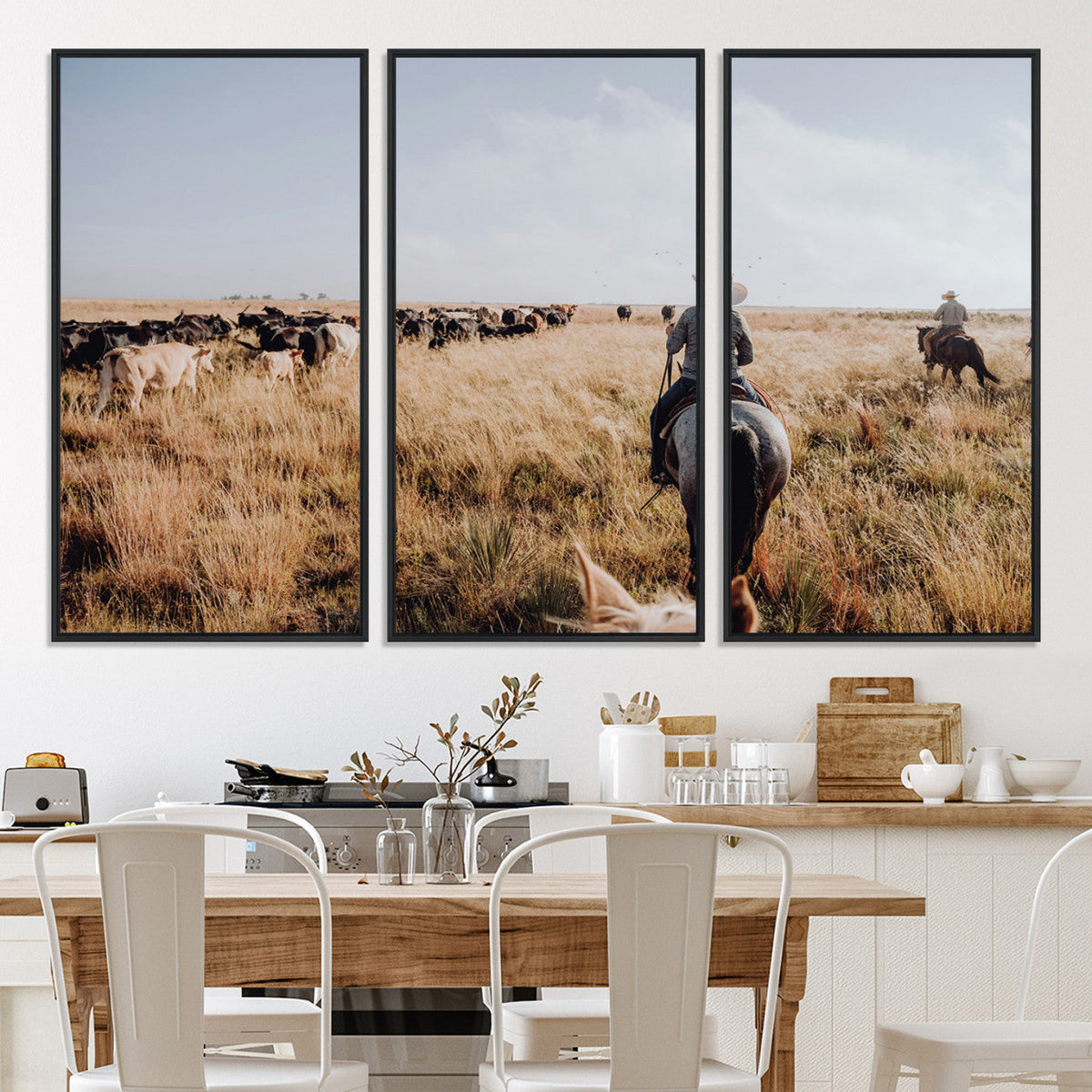 Western Wall Art Canvas Print, Framed Cowboy Cattle Drive Scene