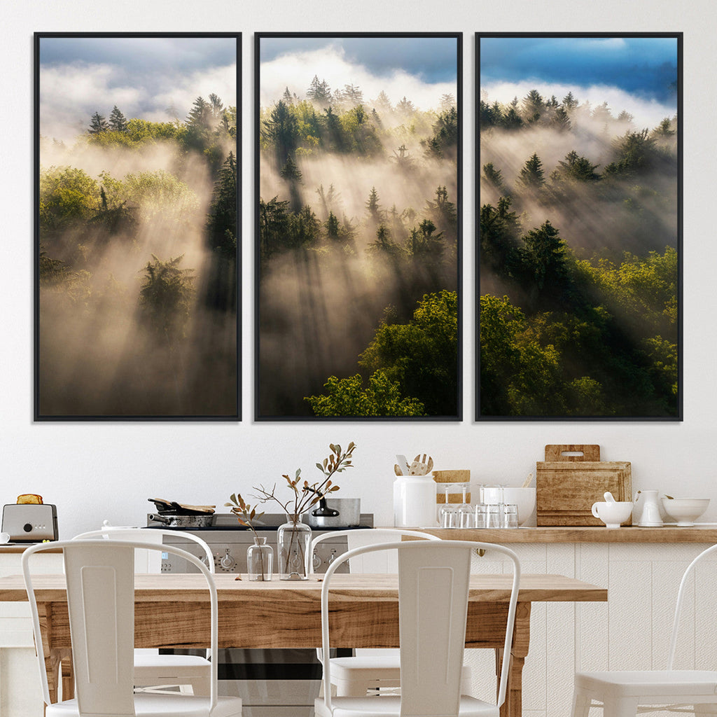 Tranquil Forest Scene Wall Art Canvas Print, Framed Moody Sunbeam Through Trees