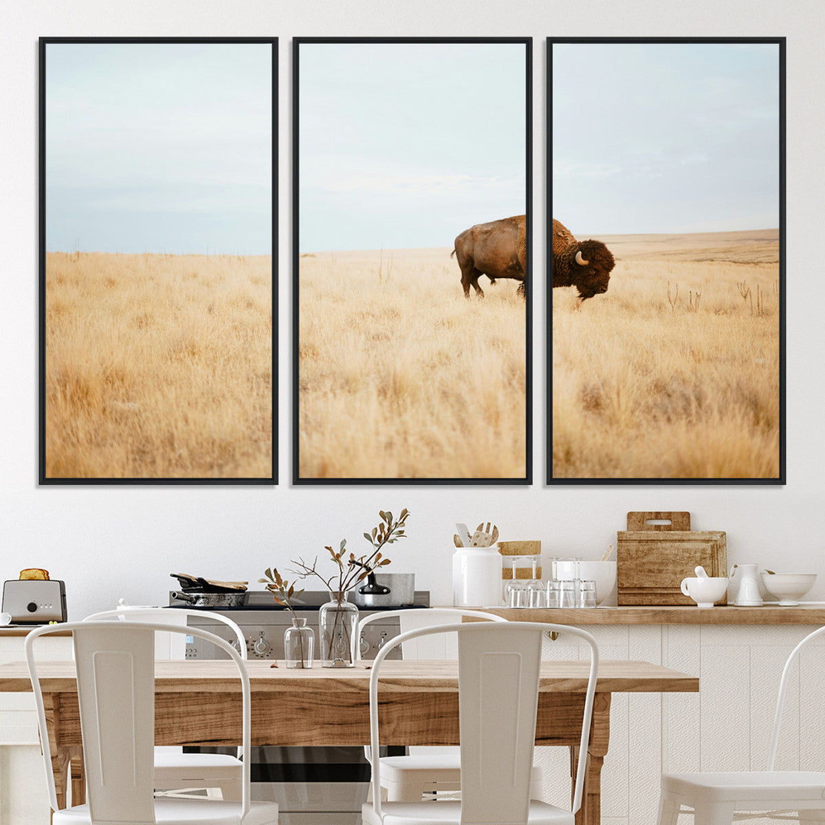 Buffalo Wall Art Canvas Print, Framed Western Wildlife Rustic Prairie Scene