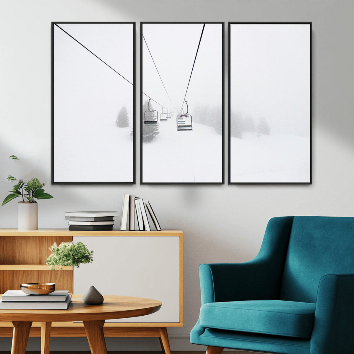 Ski Lift Wall Art Canvas Print, Framed Snowy Landscape Art, Alpine Adventure Nordic Minimalist Decor