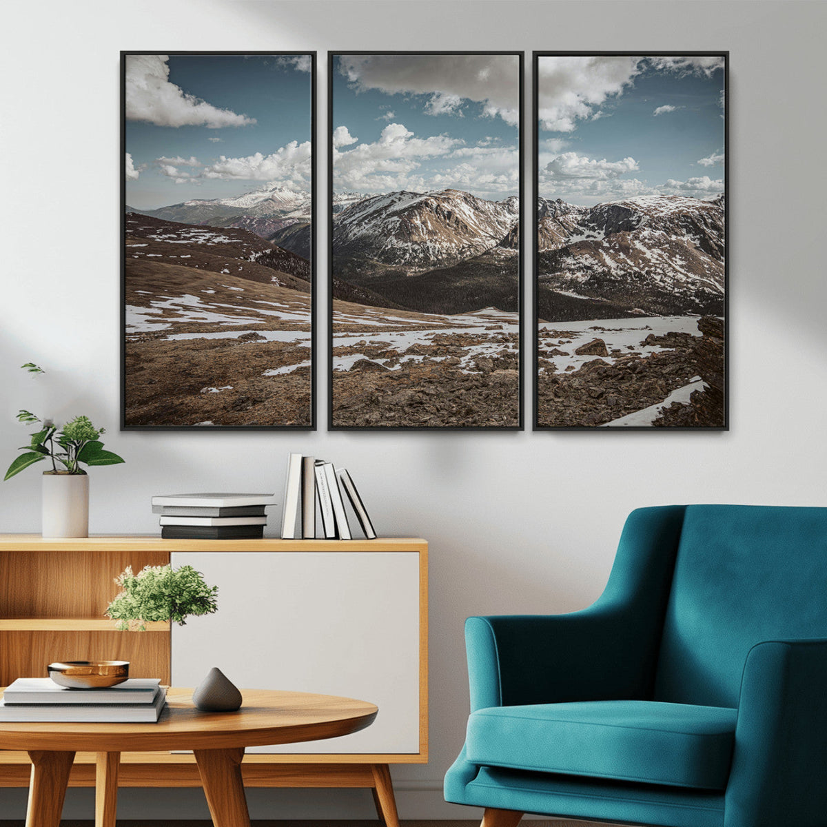 Mountain Landscape Wall Art Canvas Print, Framed Snowy Peaks Art, Rugged Highlands Rustic Adventure Decor