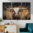 Abstract Longhorn Bull Wall Art Canvas Print, Vintage Western Texas Steer Artwork