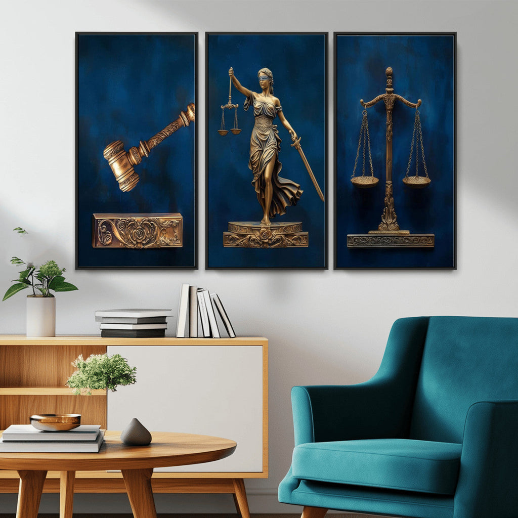 Lady Justice Wall Art Canvas Print, Elegant Gold Legal Symbols on Blue, Law Office Decor