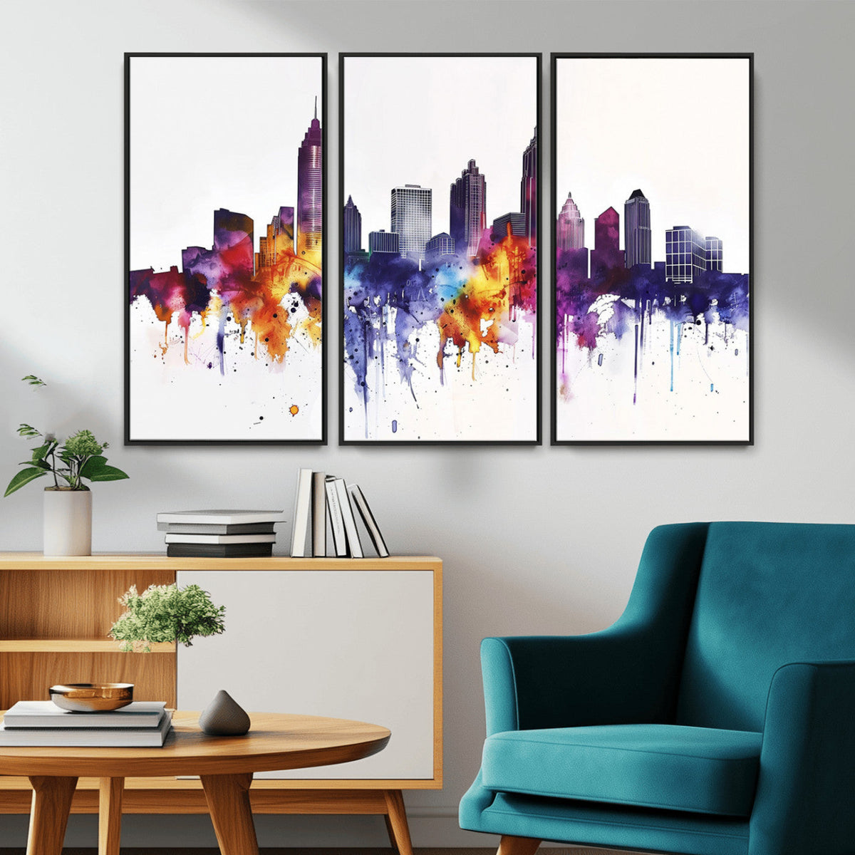 Atlanta Skyline Wall Art Canvas Print, Framed Colorful Watercolor Cityscape