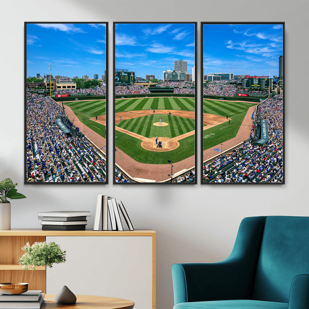 Wrigley Field Baseball Stadium Canvas Wall Art, Packed Crowd and Chicago Skyline