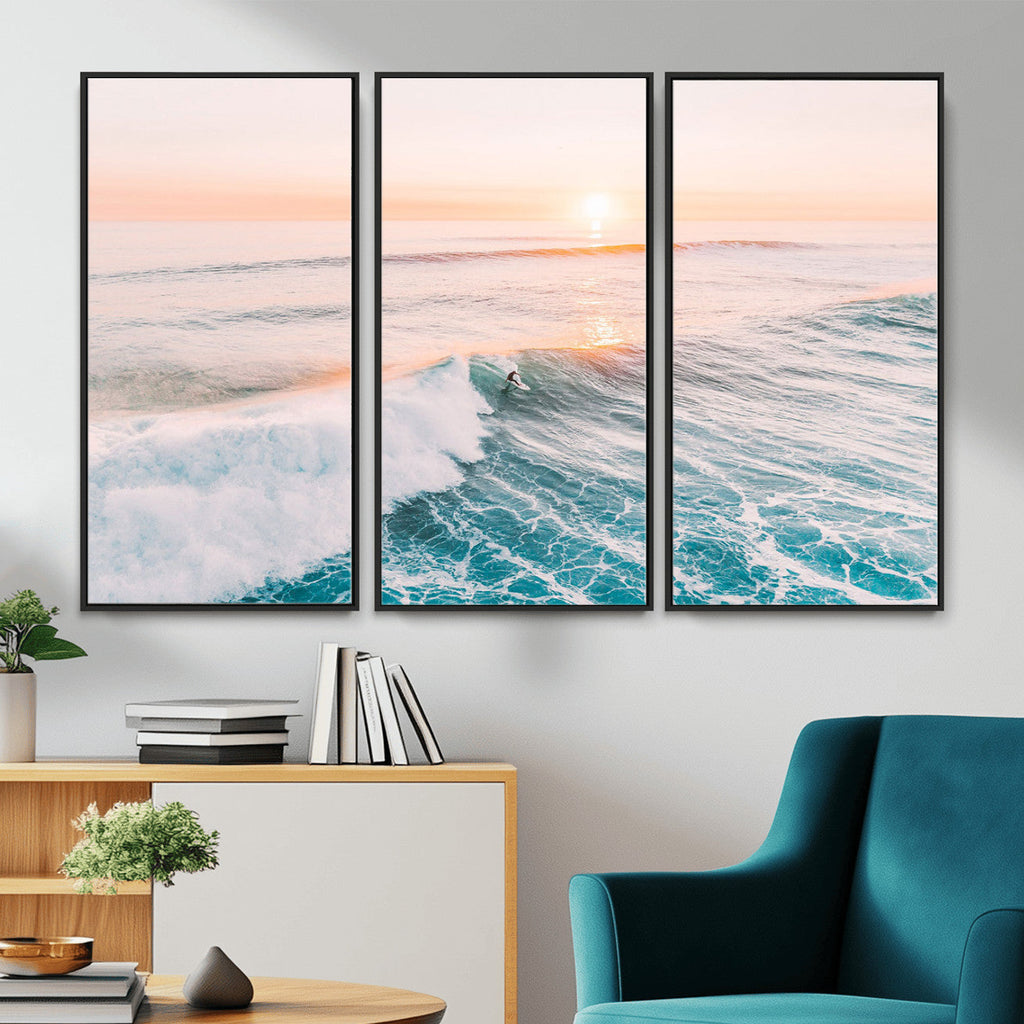 Sunset Surfing Wall Art Canvas Print, Ocean Wave Surfer with Golden Sky