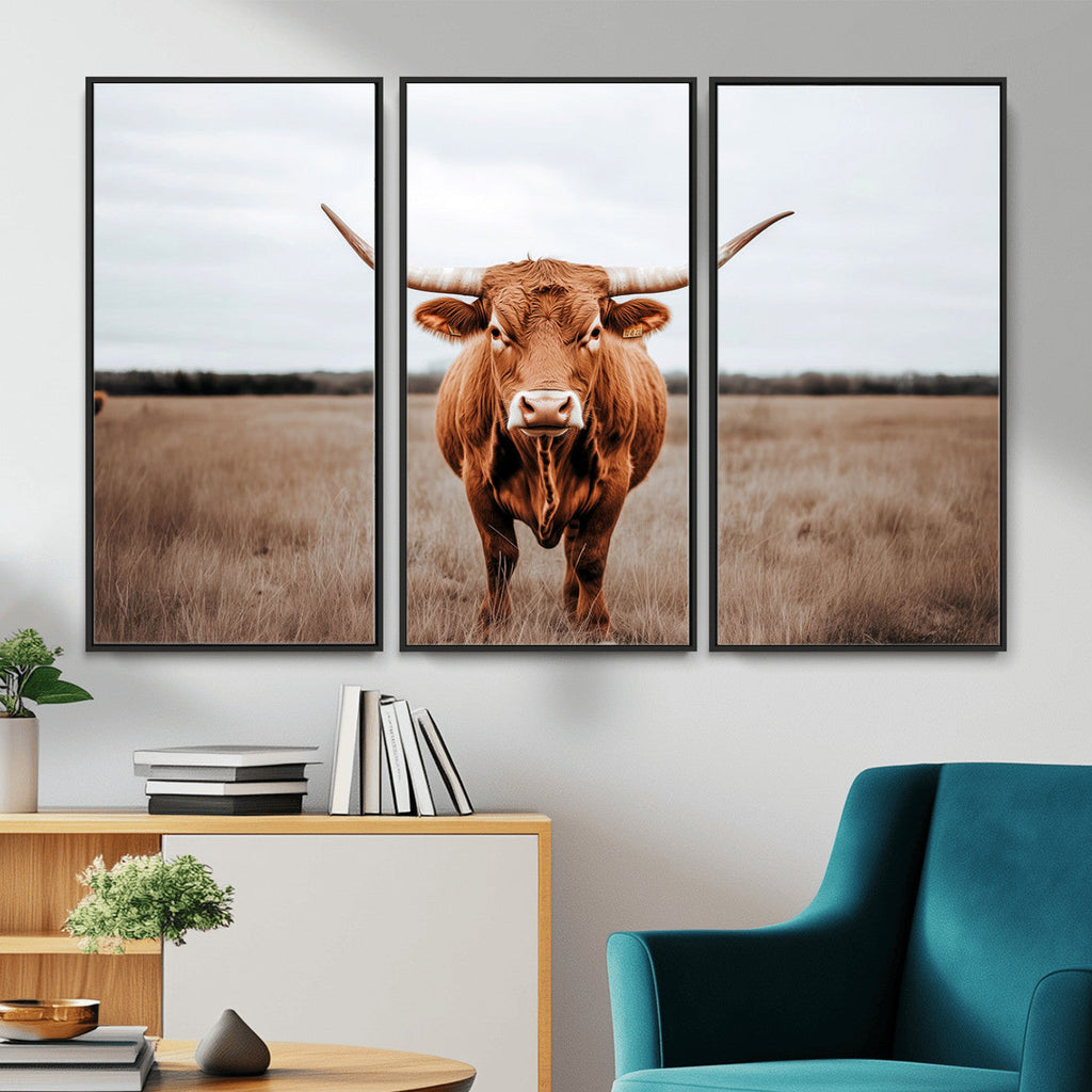 Longhorn Bull Wall Art Canvas Print, Framed Rustic Decor