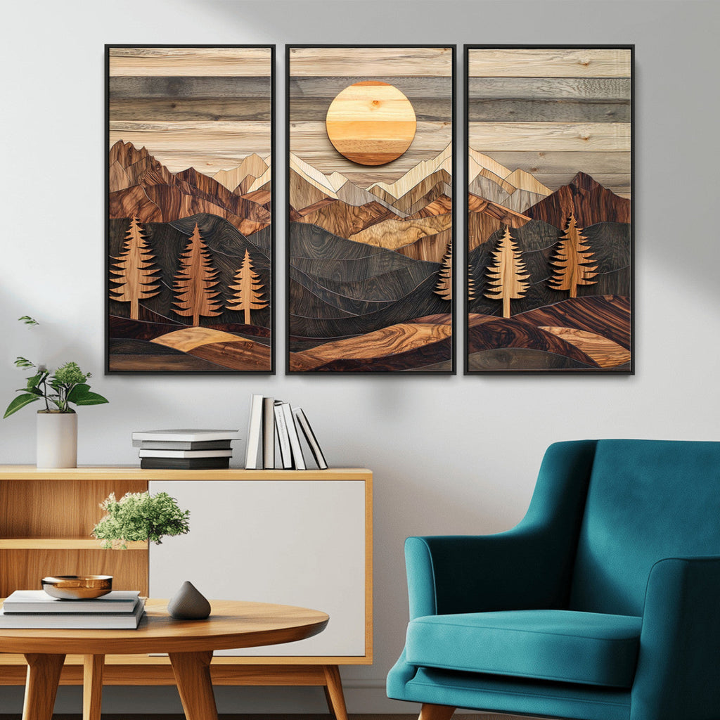 Wooden Mountain Layers Art | Rustic Pine Tree Landscape