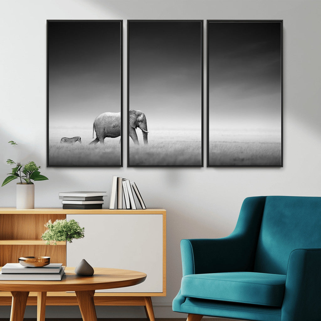 Elephant and Zebra Wall Art Canvas Print, Modern Artwork