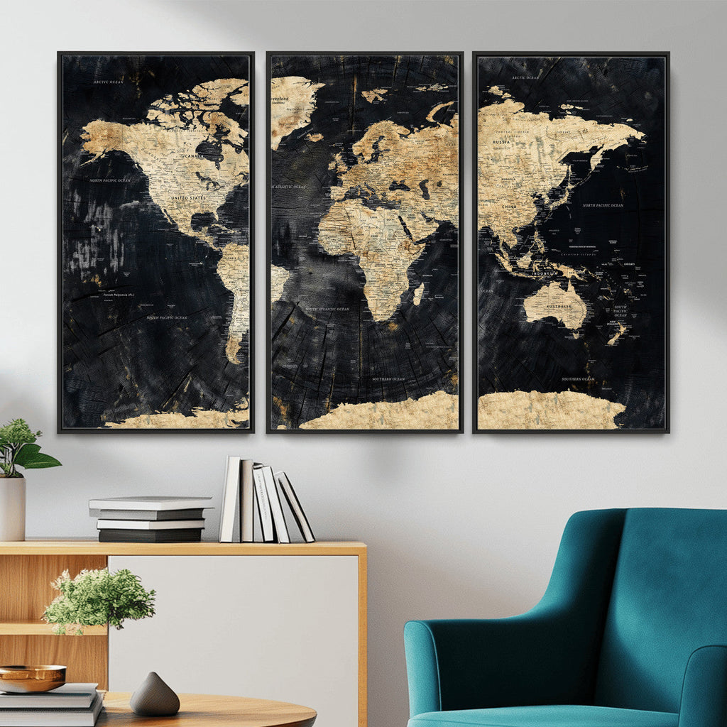 Framed Large World Map Wall Art Canvas Print for Living Room