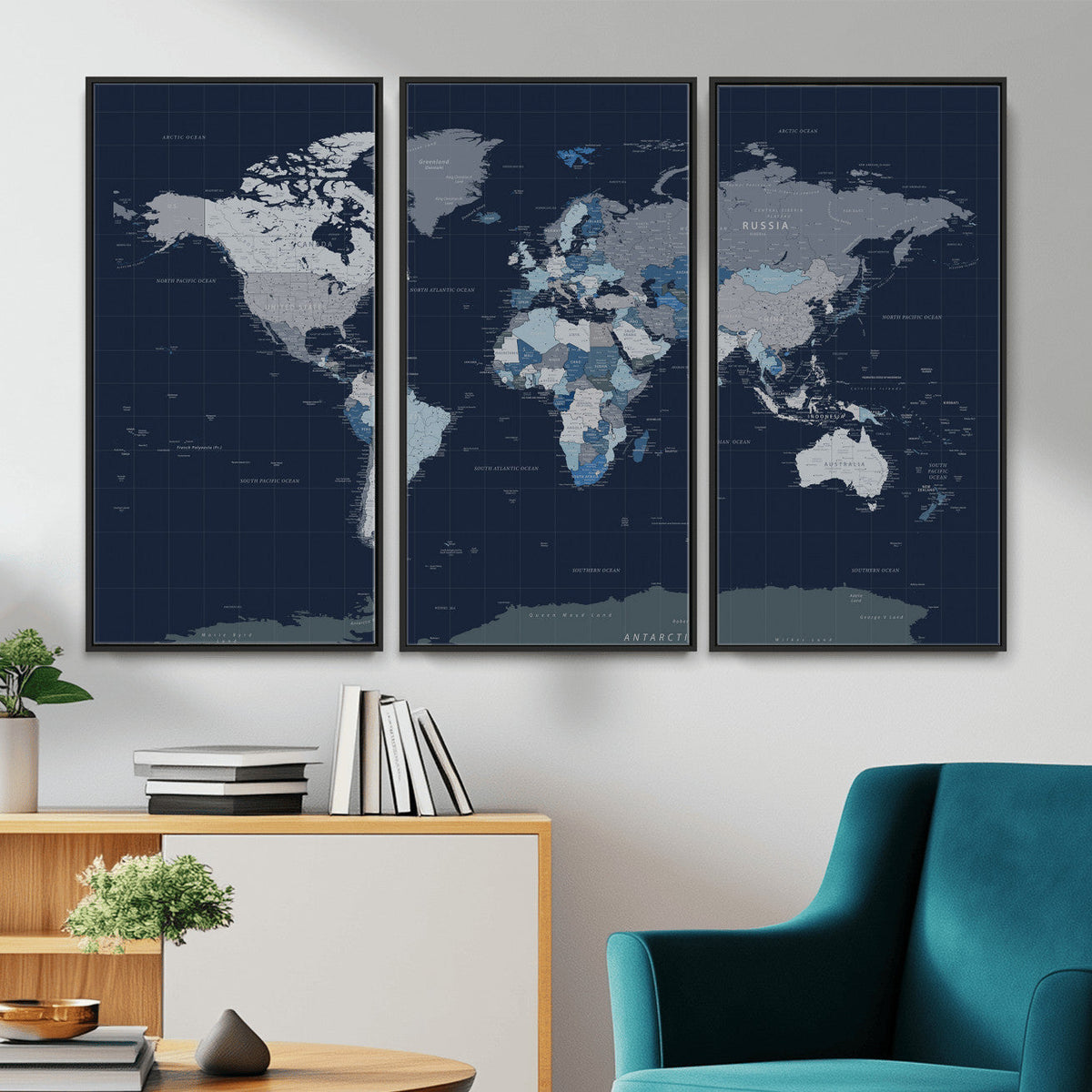 Blue Detailed World Map Wall Art Canvas Print | Modern Framed Map