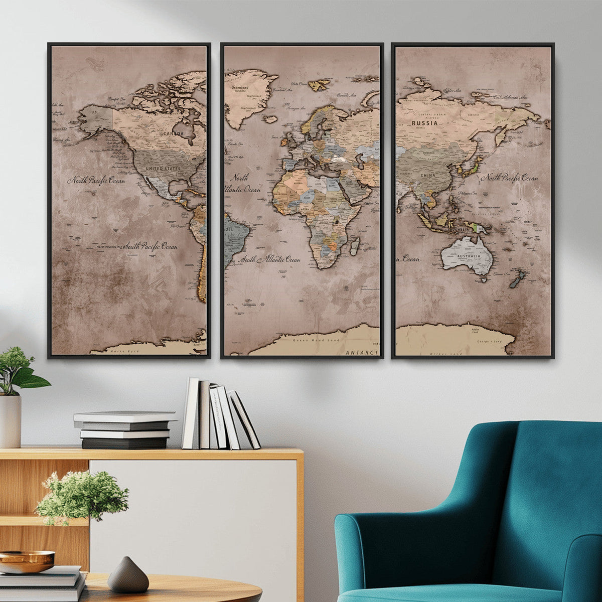 Grunge World Map Canvas Wall Art - Vintage Aged World Map with Golden Tones