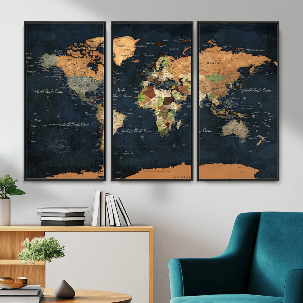Vintage World Map Canvas Wall Art | Detailed Map with Countries, Oceans and Continents