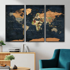 Vintage World Map Canvas Wall Art | Detailed Map with Countries, Oceans and Continents