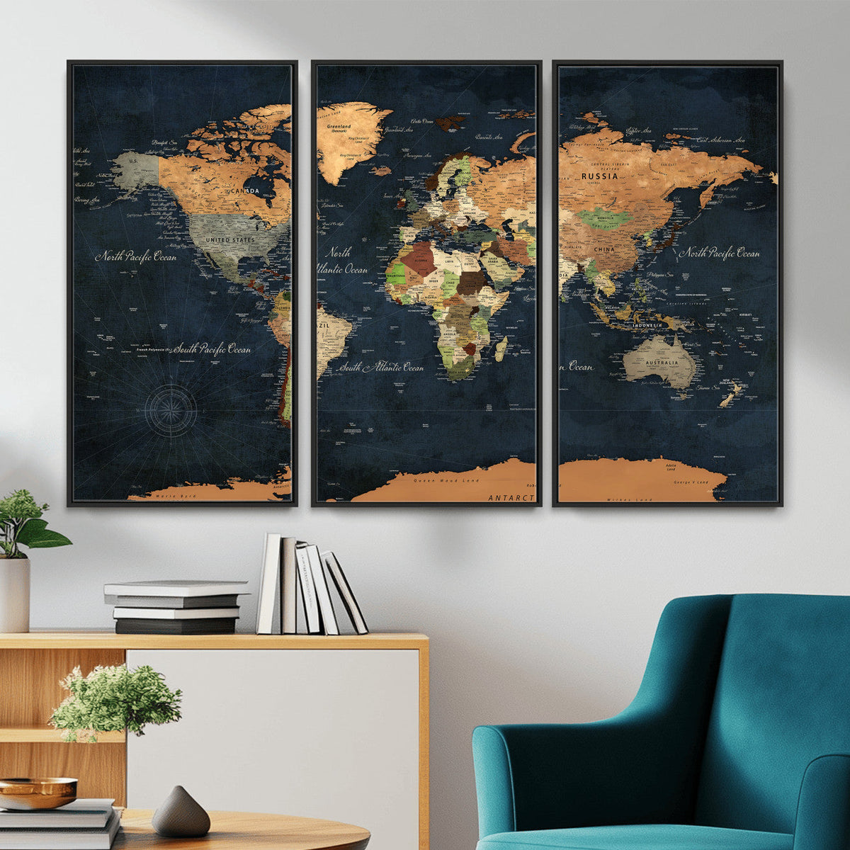 Vintage World Map Canvas Wall Art | Detailed Map with Countries, Oceans and Continents