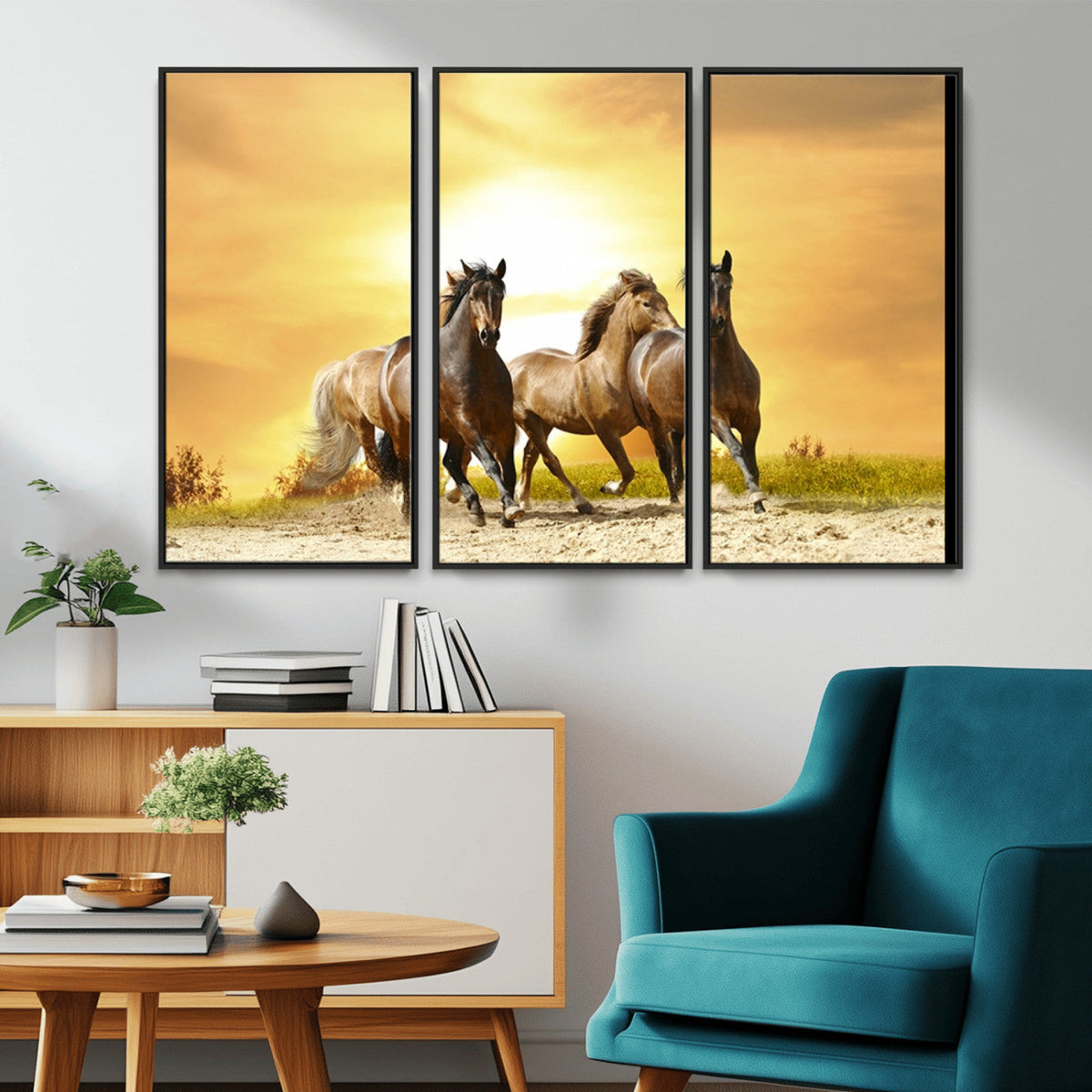 Wild Horses Wall Art Canvas Print, Framed Galloping Herd