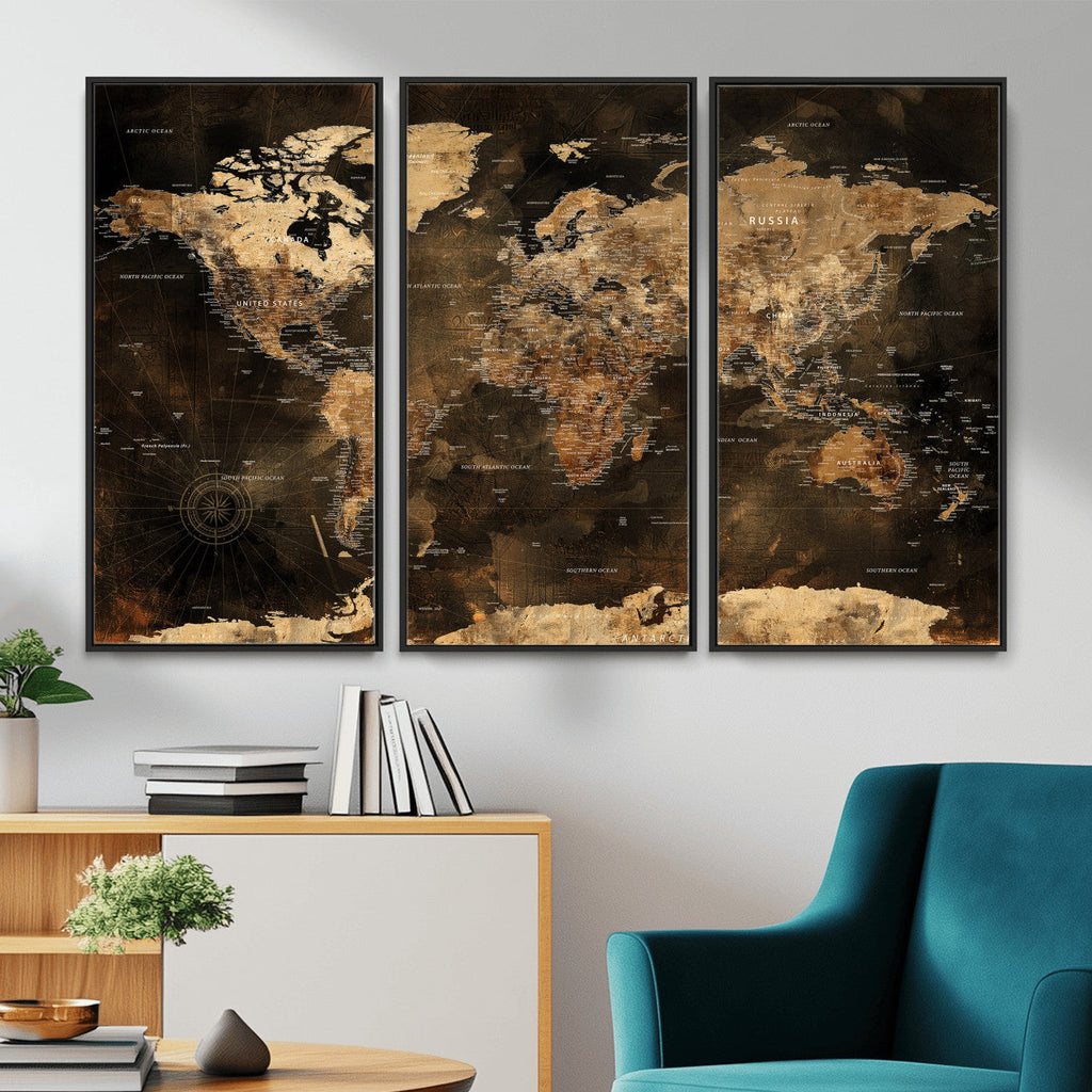 World Map Canvas Print, Modern Decorative Framed Map Artwork