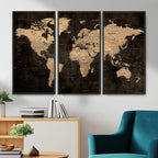 Brown World Map Canvas Print | Modern Travel Map Wall Art