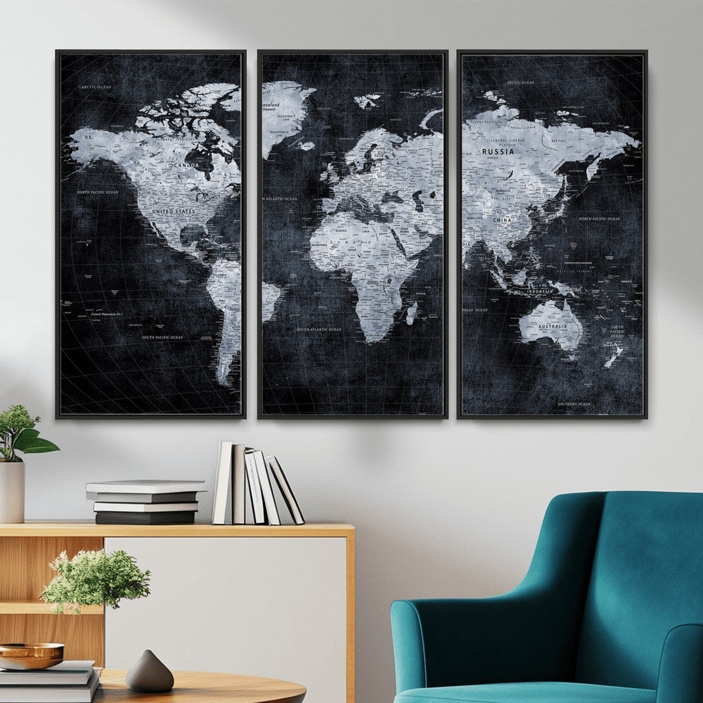 Black World Map Canvas Print | Detailed Map for Couples and Anniversary Gift