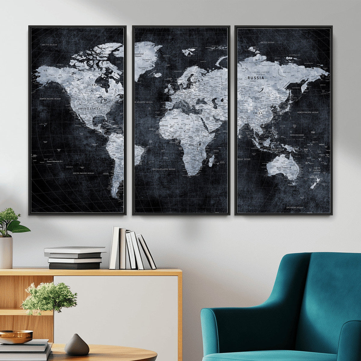 Black World Map Canvas Print | Detailed Map for Couples and Anniversary Gift