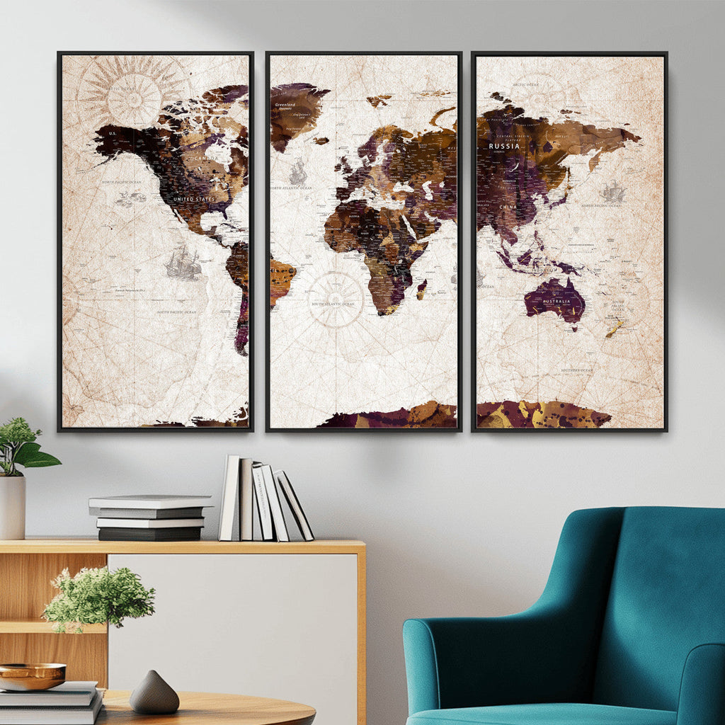 Blue Watercolor World Map Canvas Print | Framed Modern Wall Art