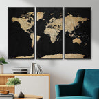 Beige World Map Canvas Wall Art Print, Minimal Black and Beige Map
