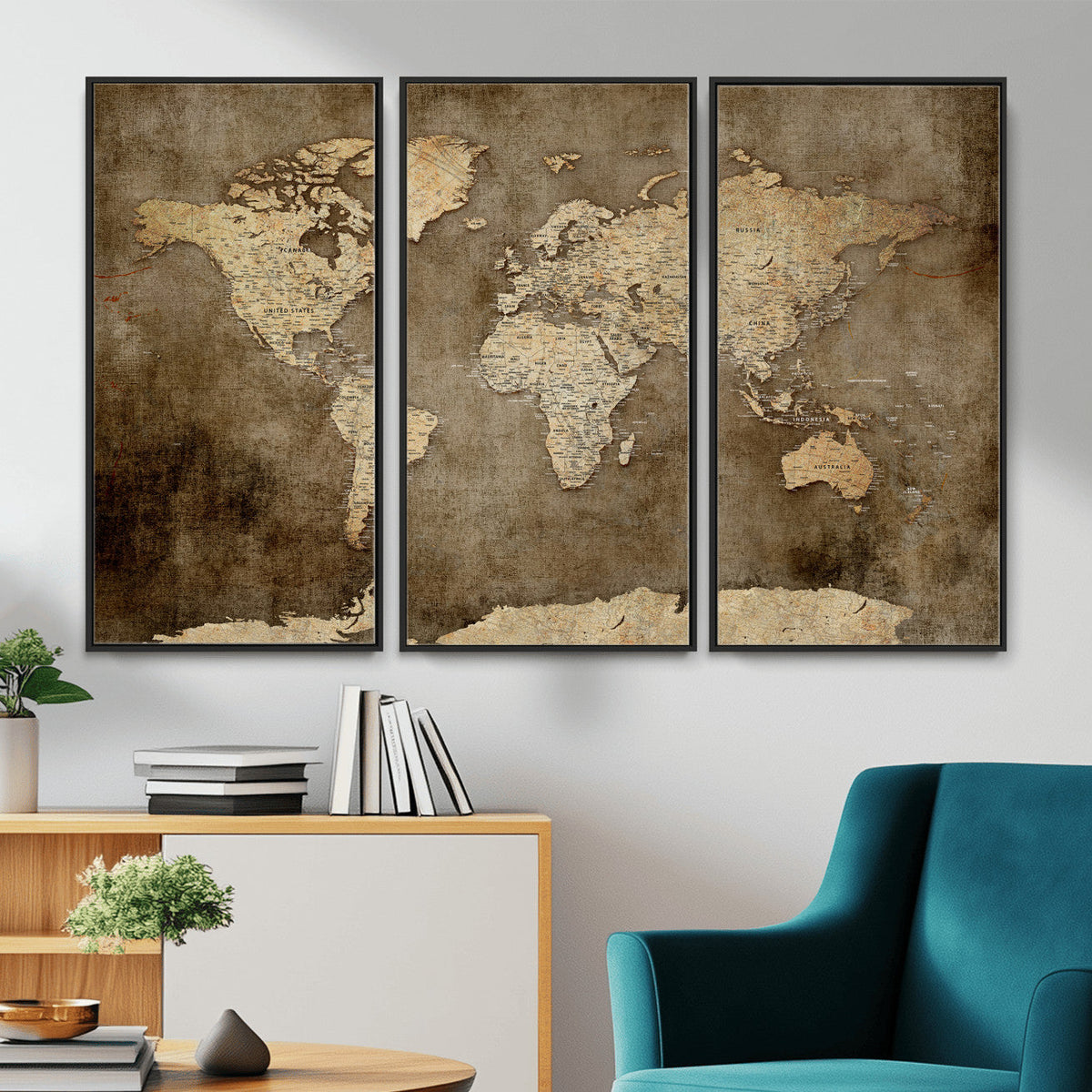 Dark Vintage World Map Canvas Wall Art Print, Antique Map Artwork