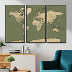 Vintage World Map Canvas Wall Art Print, Classic Global Map Artwork