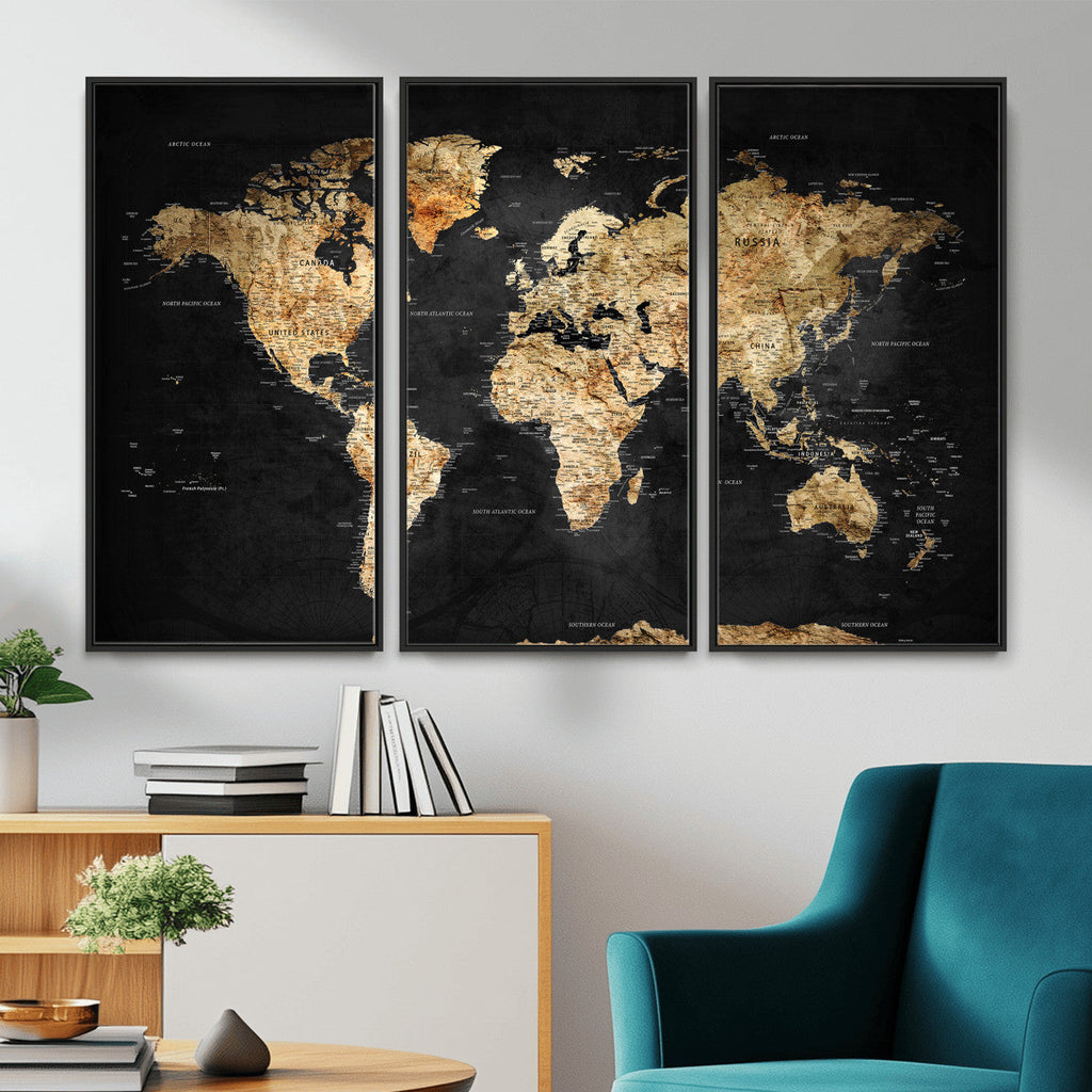 World Map Canvas Wall Art with Famous Landmarks | Framed Travel Map