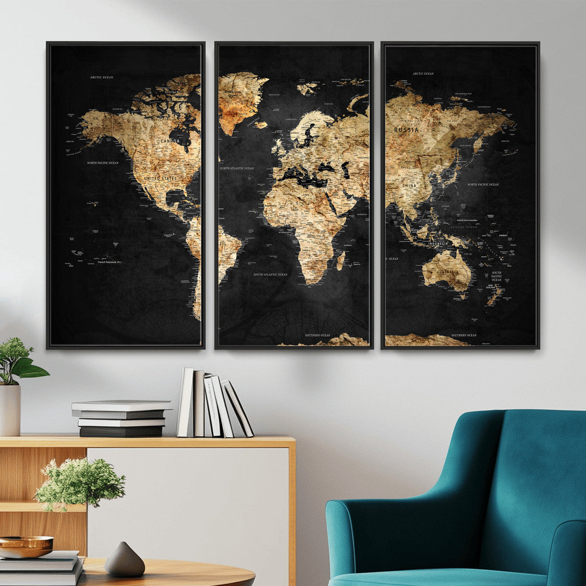 World Map Canvas Wall Art with Famous Landmarks | Framed Travel Map