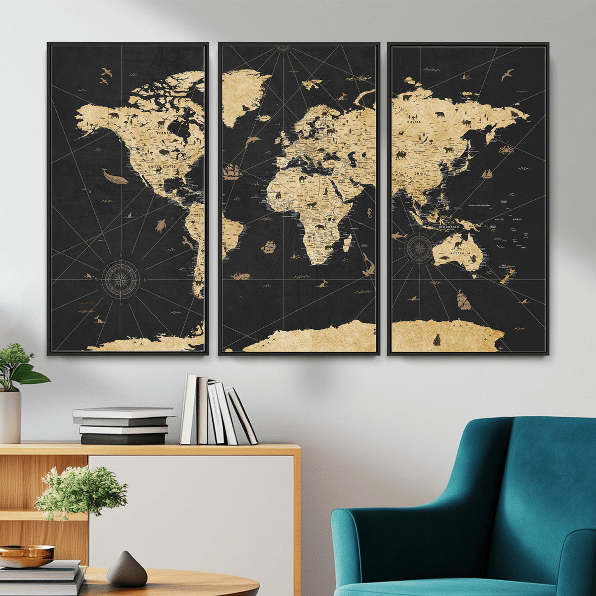 Vintage Blue and Brown World Map Canvas Wall Art | Framed Rustic Map Print