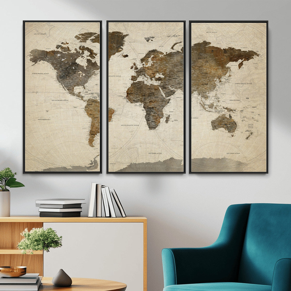 Vintage World Map Canvas Wall Art | Framed Antique Style Travel Map